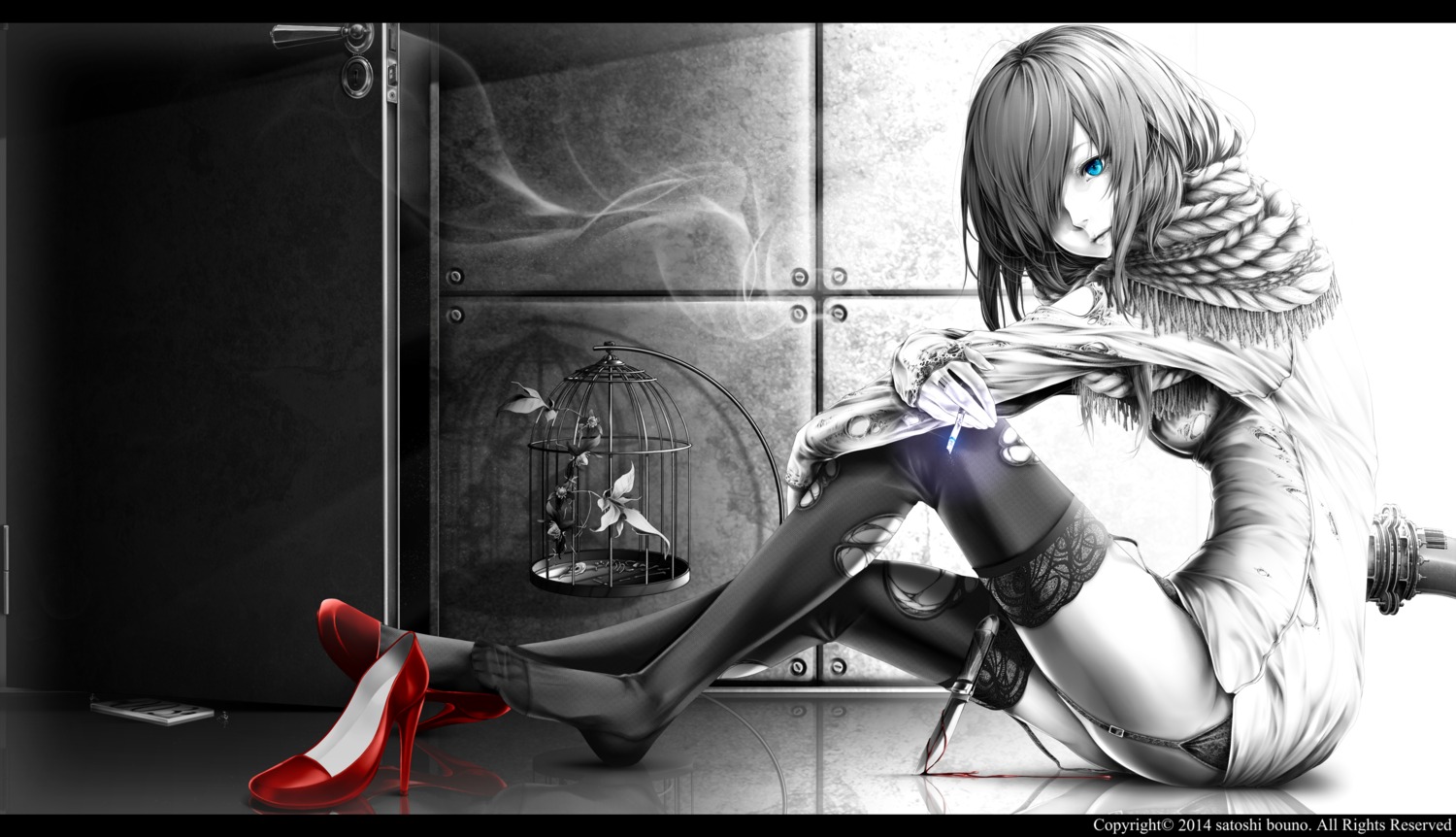 blood, bouno_satoshi, garter_belt, smoking, stockings, thighhighs, torn_clothes, weapon