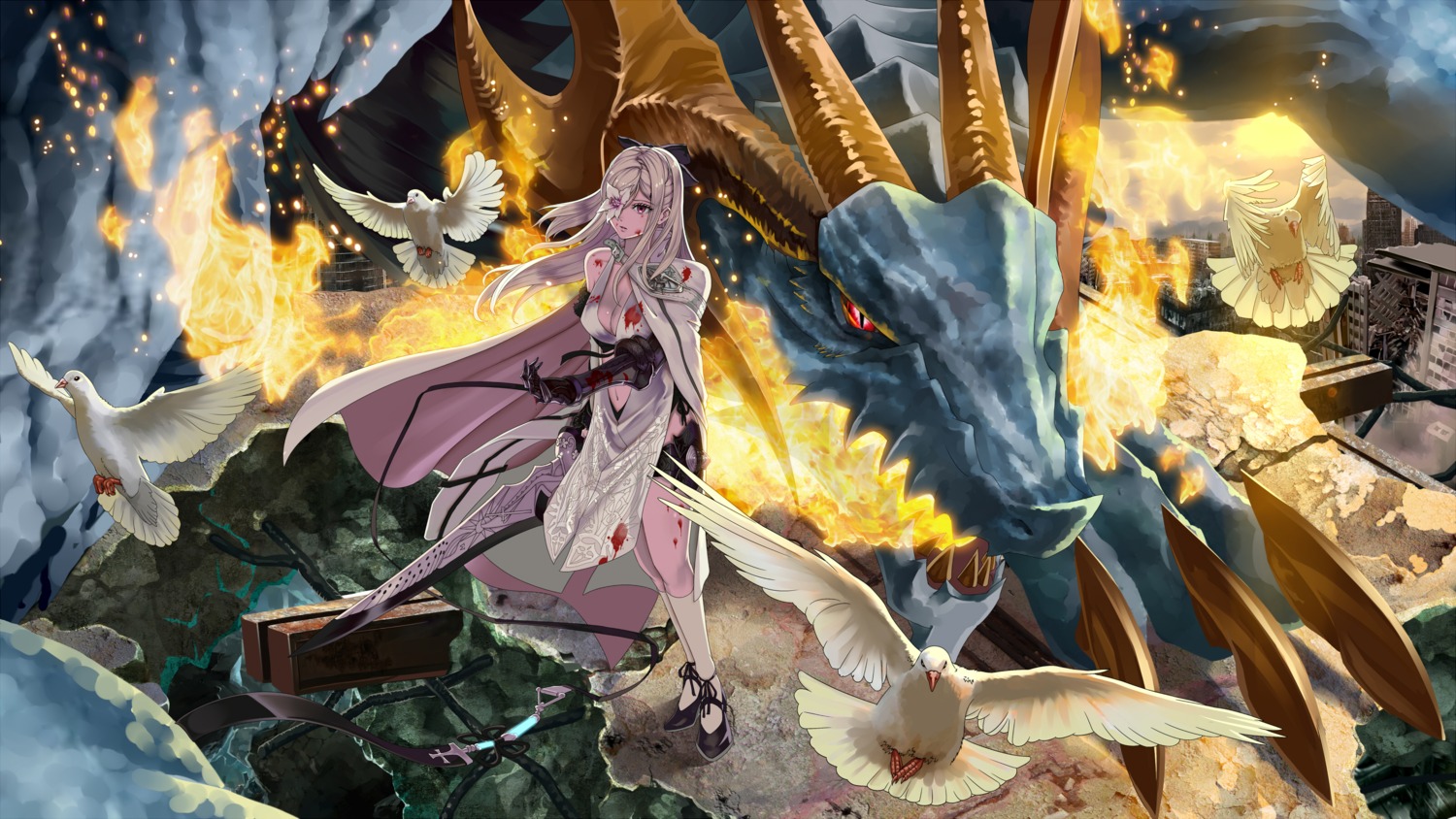 blood, cleavage, drakengard, drakengard_3, monster, sword, usui_no_ken, zero_(drakengard)