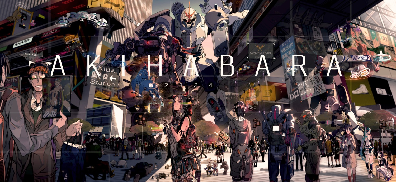 crossover, doraemon, ghost_in_the_shell, guilty_crown, gundam, halo_(game), hatsune_miku, master_chief, mazinger_z, mecha, megane, mobile_suit_gundam, tachikoma, u283, vocaloid, yotsubato!