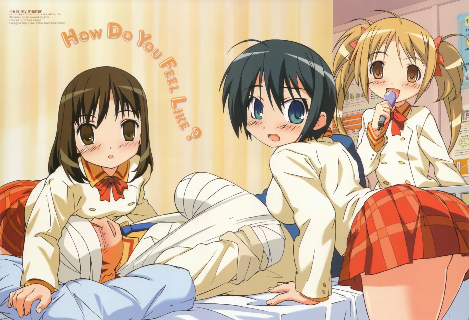 bandages, he_is_my_master, kurauchi_anna, murayama_kousuke, sawatari_izumi, sawatari_mitsuki, seifuku