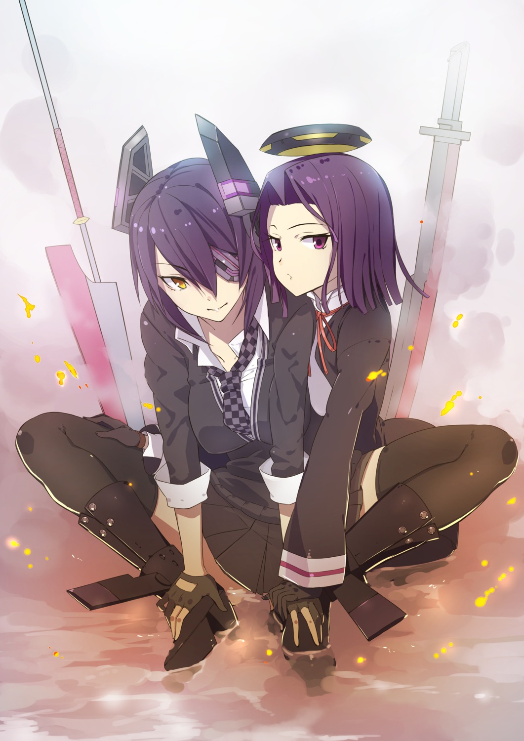 eyepatch, kantai_collection, seifuku, sword, tatsuta_(kancolle), tenryuu_(kancolle), u_nagi, weapon