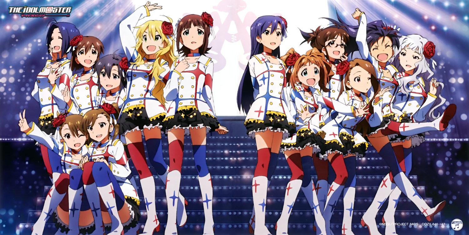 akizuki_ritsuko, amami_haruka, disc_cover, futami_ami, futami_mami, ganaha_hibiki, hagiwara_yukiho, hoshii_miki, kikuchi_makoto, kisaragi_chihaya, minase_iori, miura_azusa, rose, shijou_takane, takatsuki_yayoi, the_idolm@ster, thighhighs, uniform