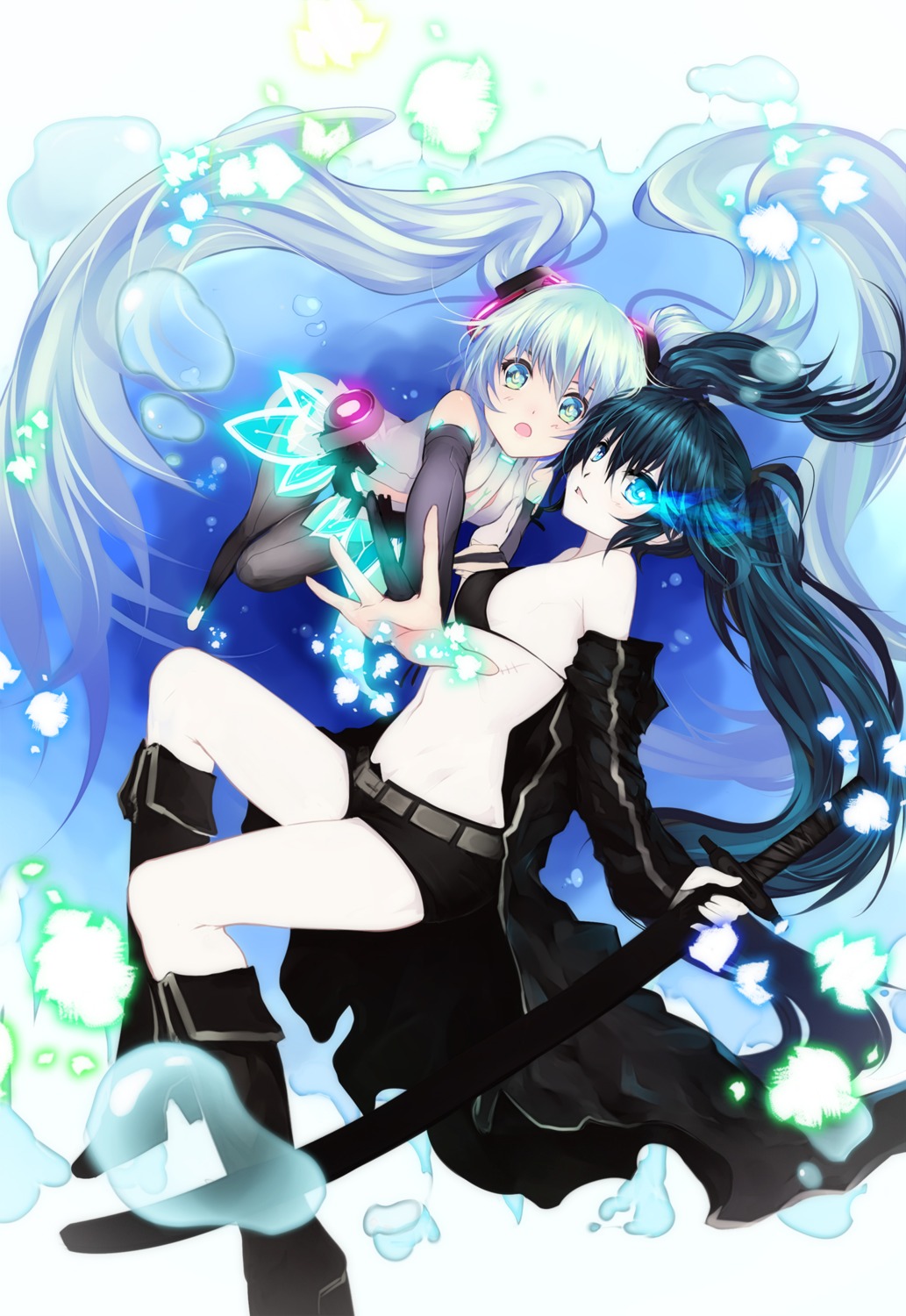 bba1985, bikini_top, black_rock_shooter, black_rock_shooter_(character), hatsune_miku, miku_append, swimsuits, vocaloid