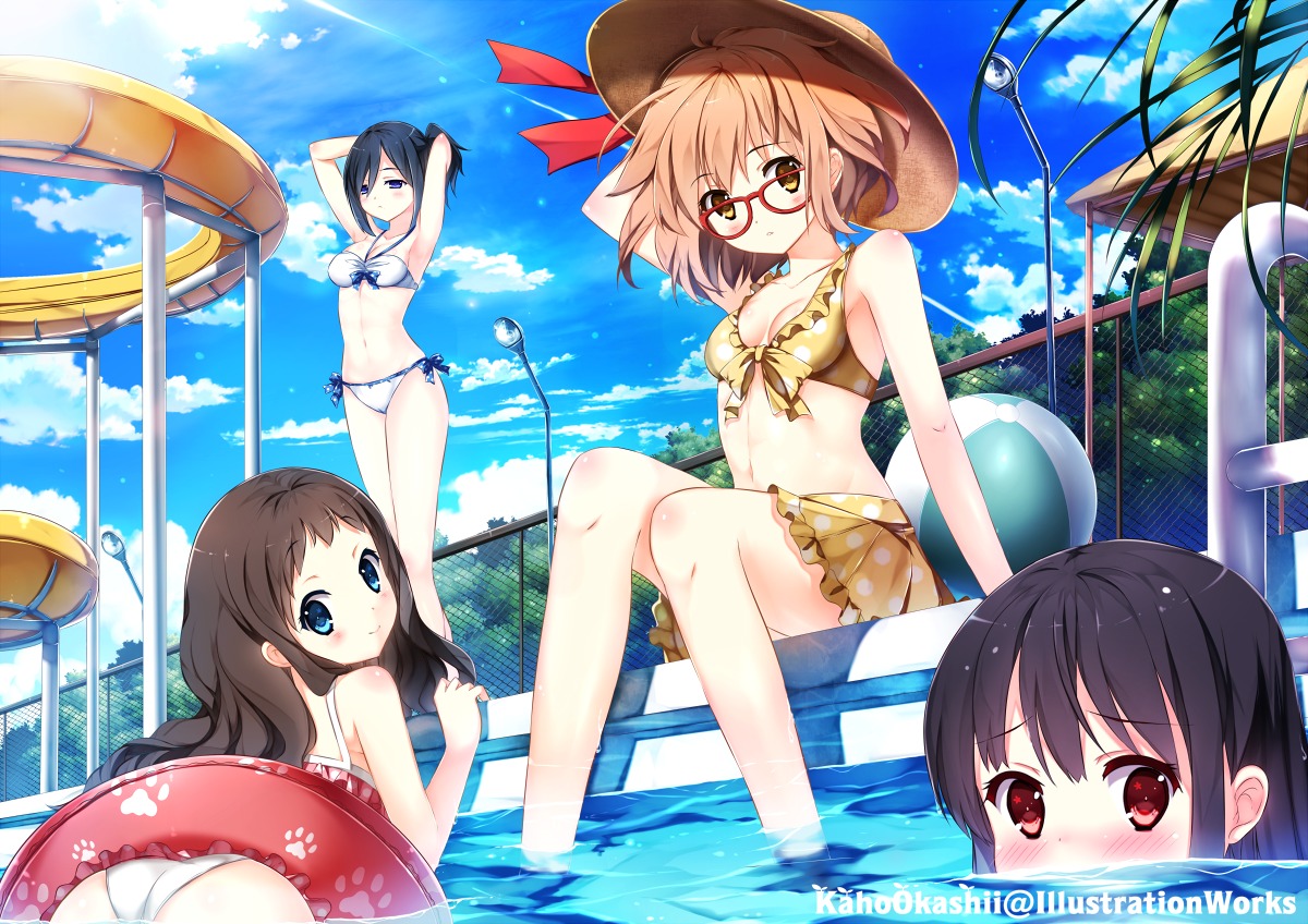 bikini, cleavage, kaho_okashii, kuriyama_mirai, kyoukai_no_kanata, megane, nase_izumi, nase_mitsuki