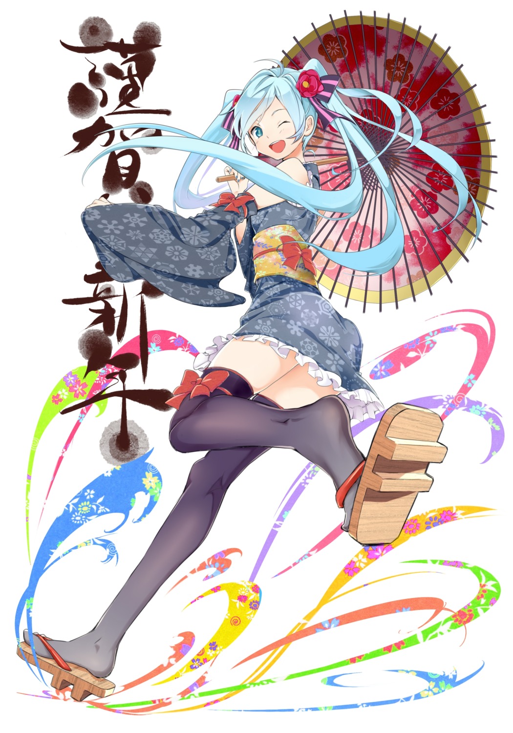 hatsune_miku, japanese_clothes, kimono, thighhighs, tsukota, vocaloid