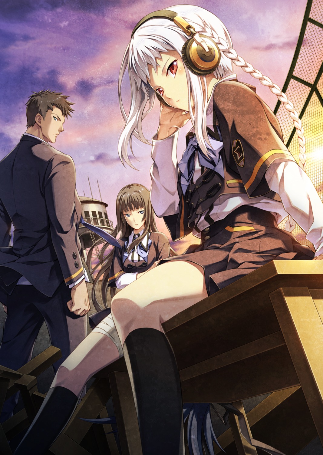 5pb., bandages, dunamis_15, headphones, nagahama_megumi, seifuku, setsu_chihaya, takatsuki_tougo