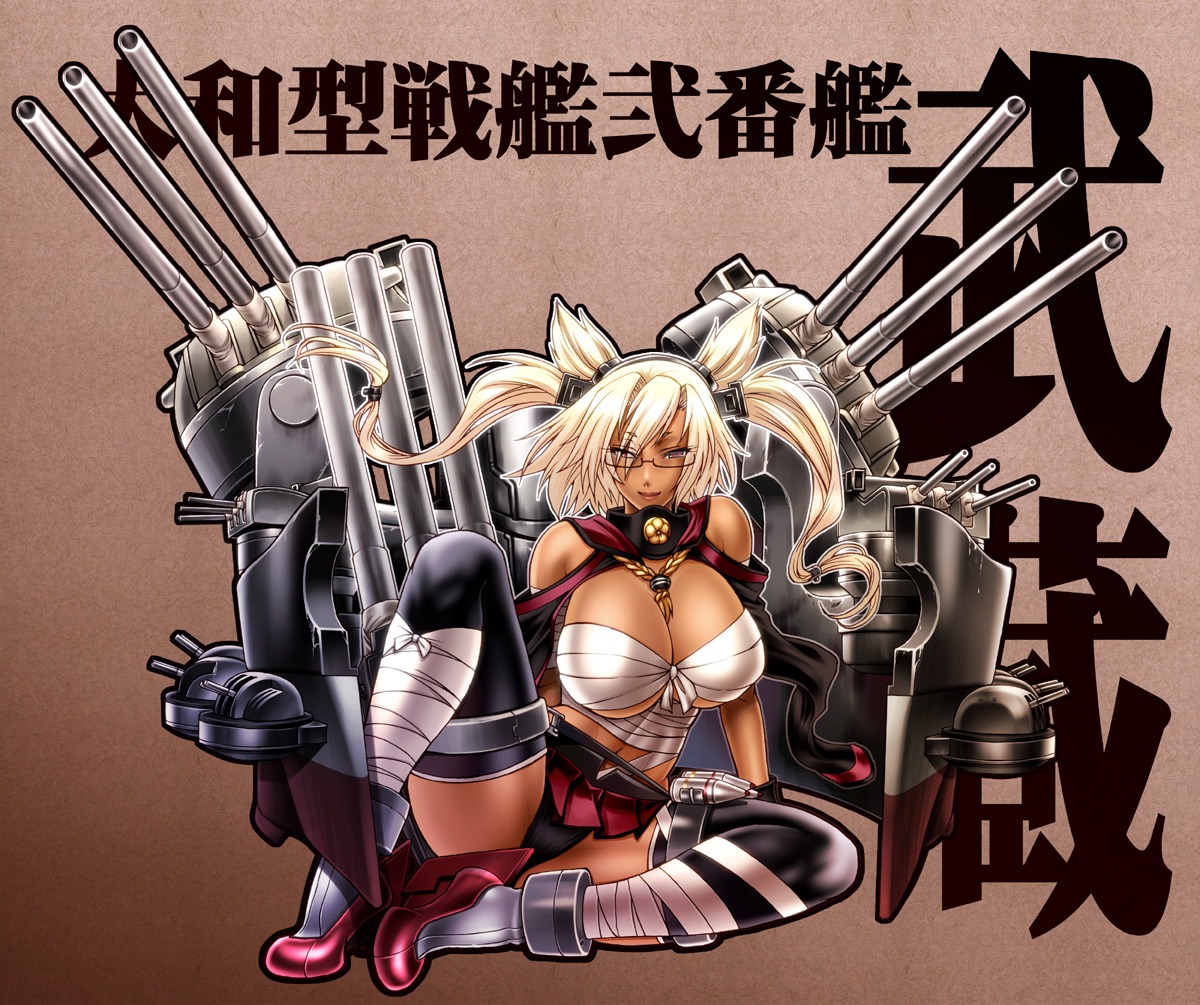 chiba_toshirou, cleavage, kantai_collection, megane, musashi_(kancolle), pantsu, sarashi, thighhighs