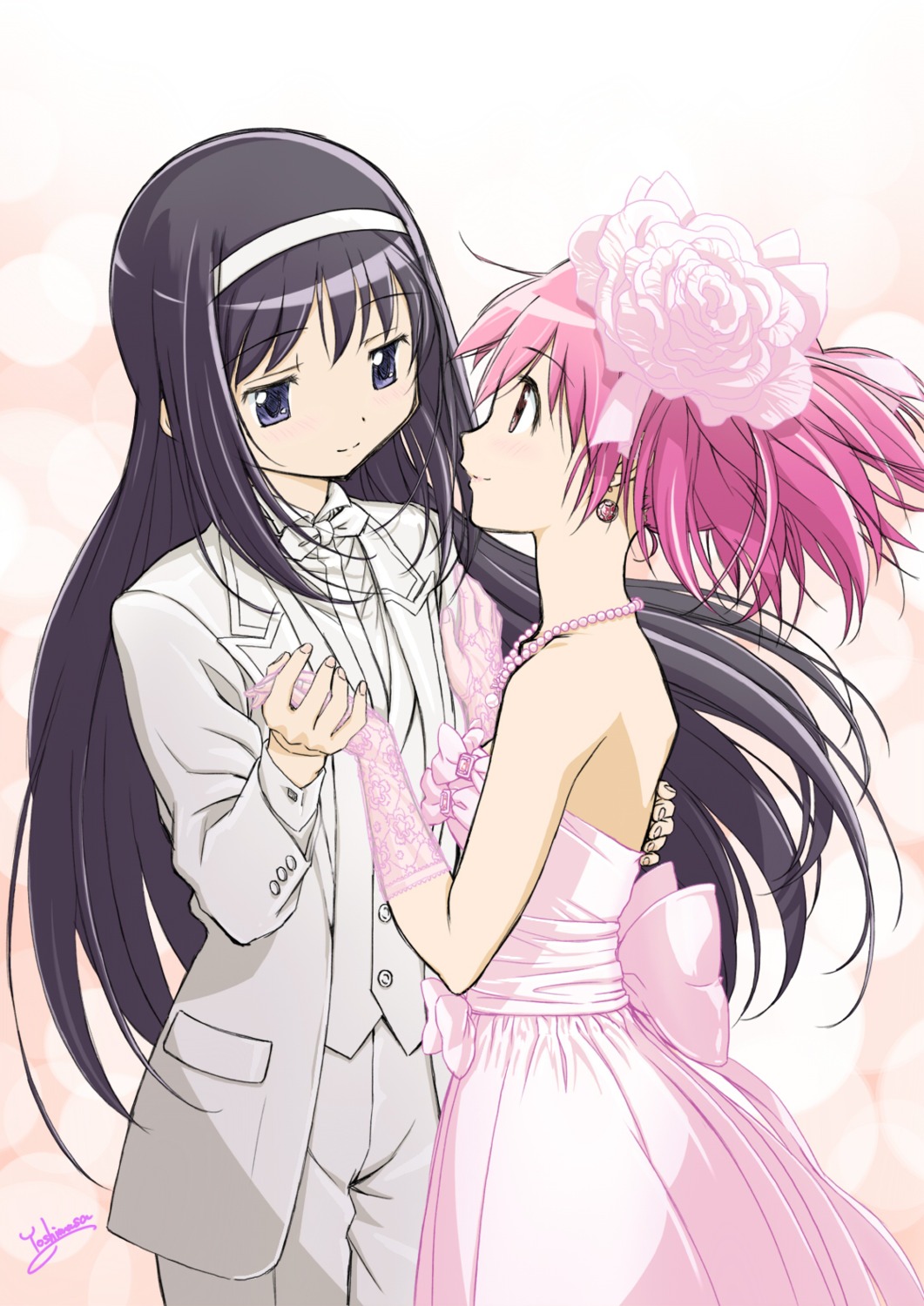 akemi_homura, dress, kaname_madoka, mahou_shoujo_madoka_magica, wedding_dress, yoshinaga_masahiro, yuri