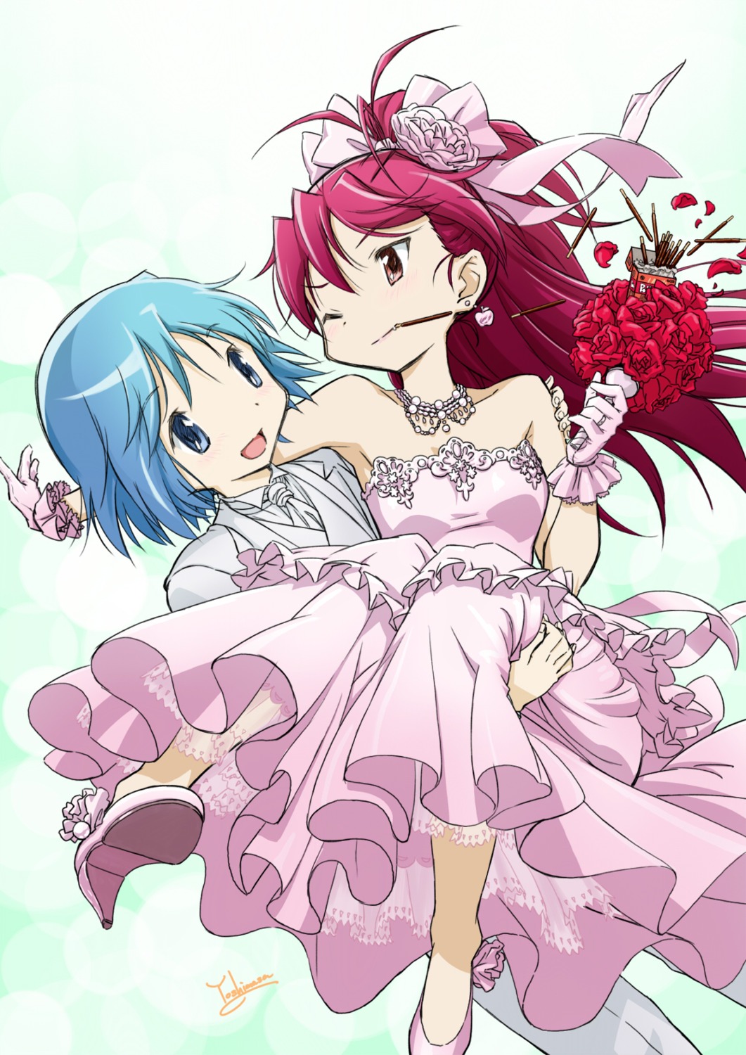dress, mahou_shoujo_madoka_magica, miki_sayaka, sakura_kyouko, wedding_dress, yoshinaga_masahiro