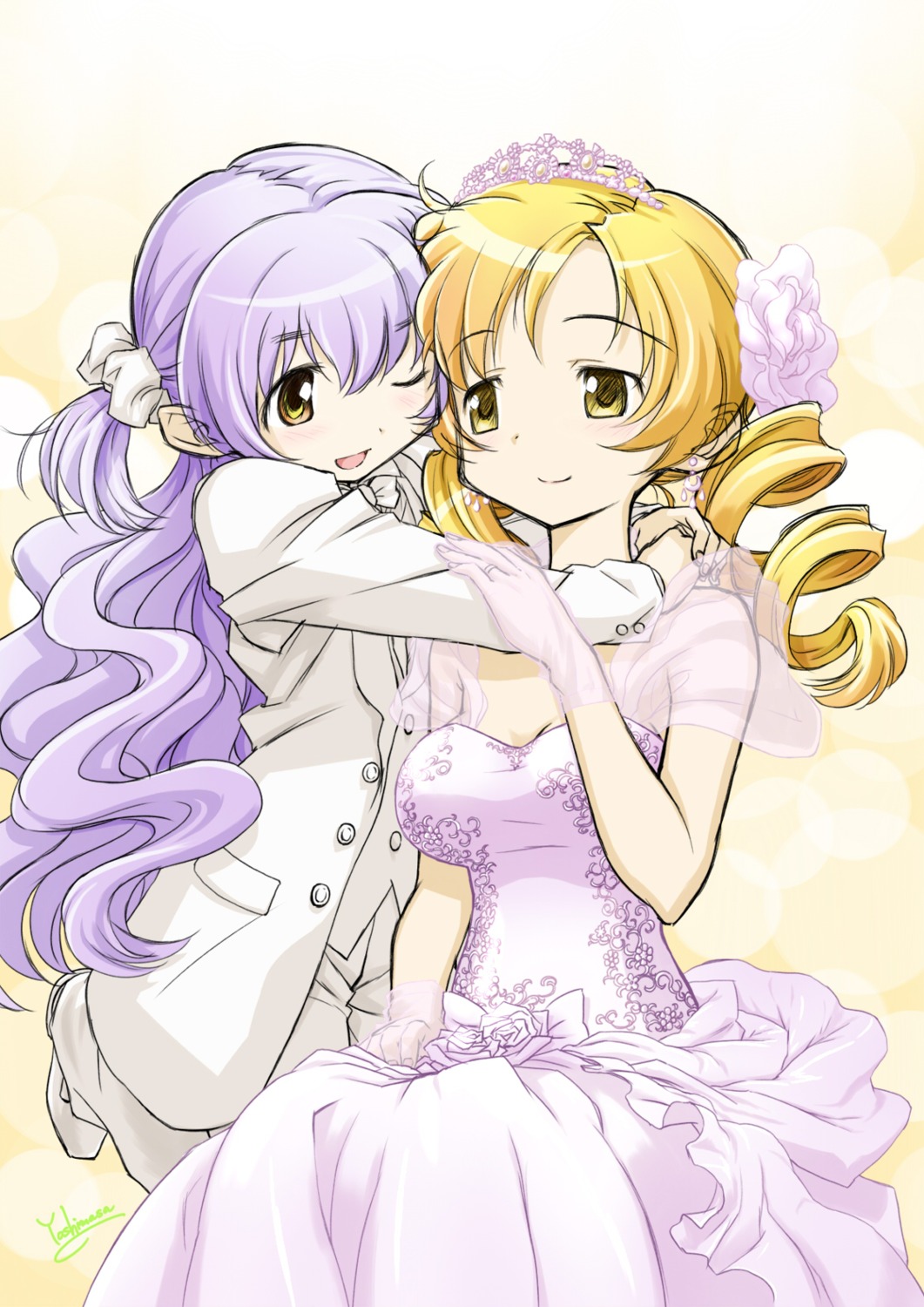 dress, mahou_shoujo_madoka_magica, momoe_nagisa, tomoe_mami, wedding_dress, yoshinaga_masahiro
