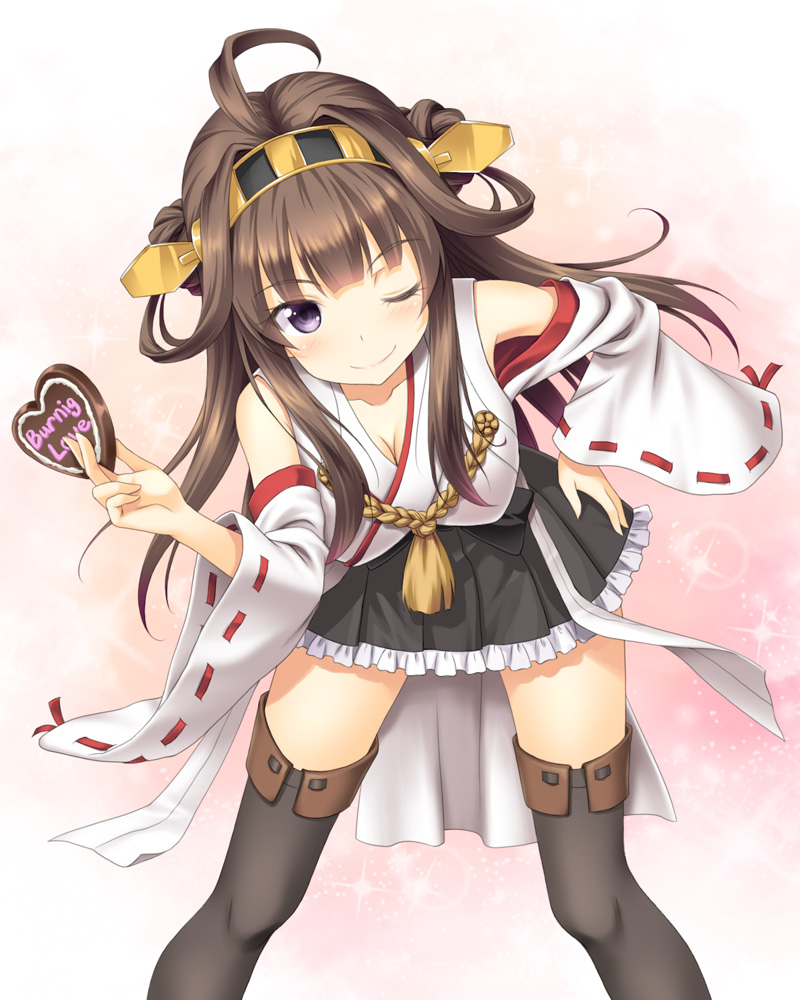 cleavage, kantai_collection, kongou_(kancolle), masakichi_(crossroad), thighhighs, valentine
