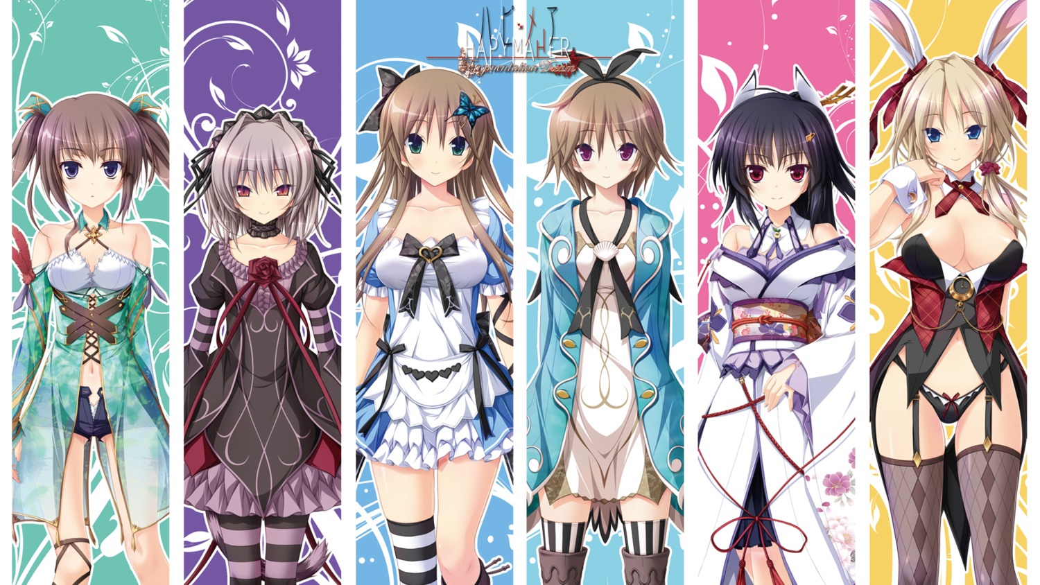 animal_ears, bunny_ears, bunny_girl, cleavage, gothic_lolita, hapymaher, hasuno_saki, hirasaka_keiko, koku, lolita_fashion, naitou_maia, pantsu, purple_software, stockings, thighhighs, toriumi_arisu, toriumi_yuuko, tsukimori_hiro, wallpaper, yayoi_b._lutwidge, yukata