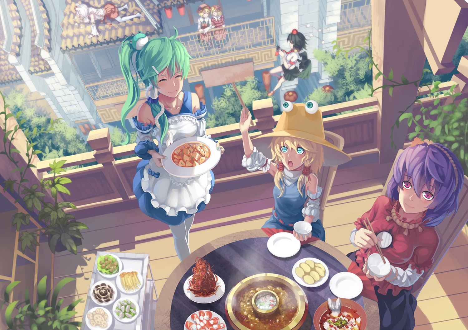 aki_minoriko, aki_shizuha, inubashiri_momiji, kochiya_sanae, madyy, moriya_suwako, shameimaru_aya, thighhighs