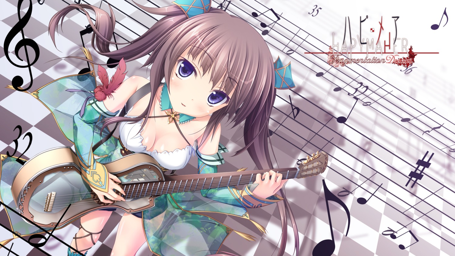 cleavage, guitar, hapymaher, hirasaka_keiko, purple_software, tsukimori_hiro, wallpaper