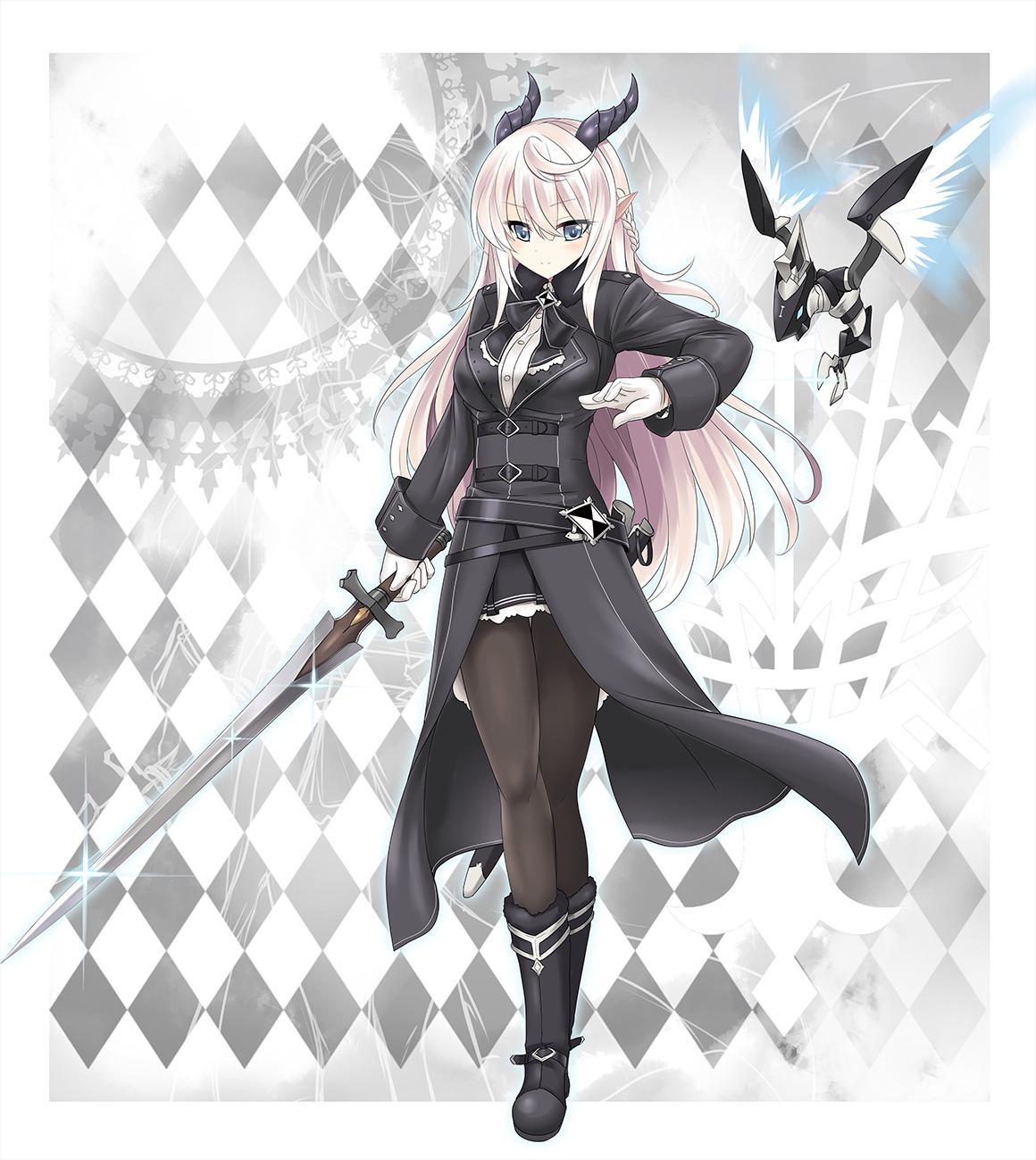 horns, mecha, miyukirei, pointy_ears, sword