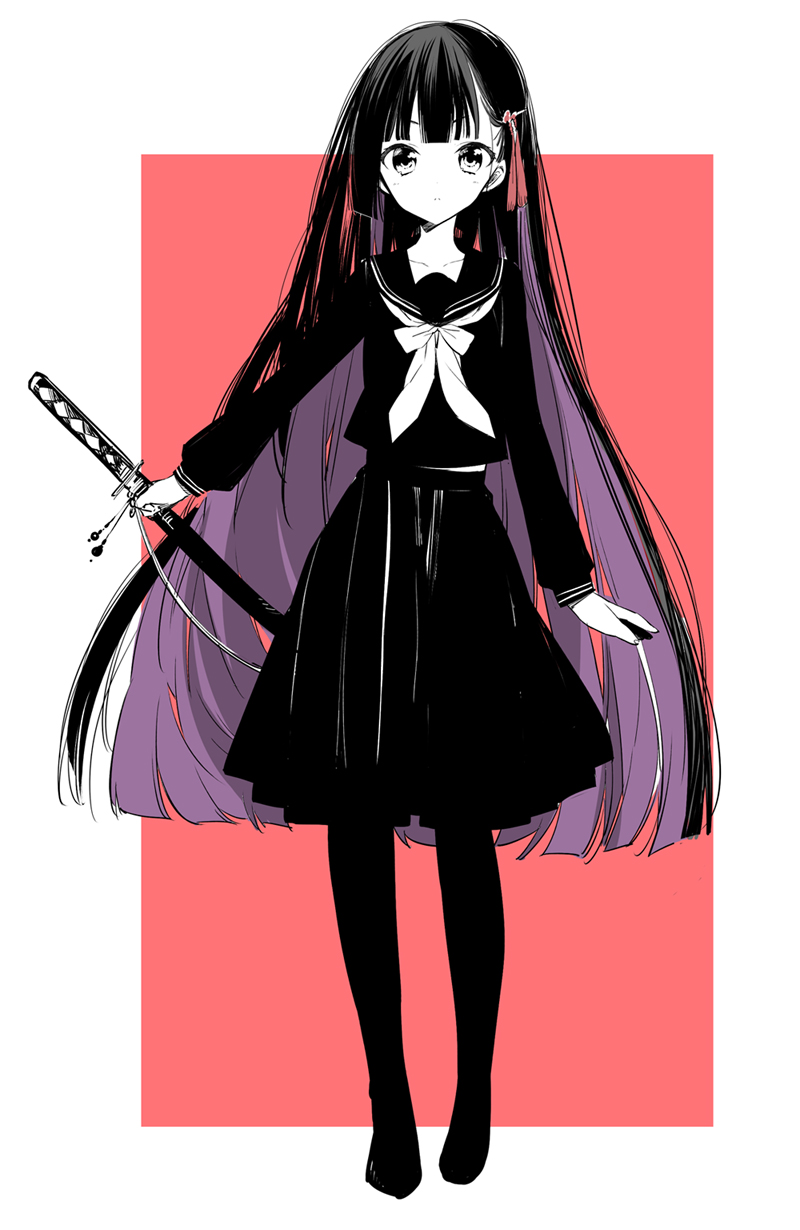 monochrome, pantyhose, sakiyo_cake, seifuku, sword