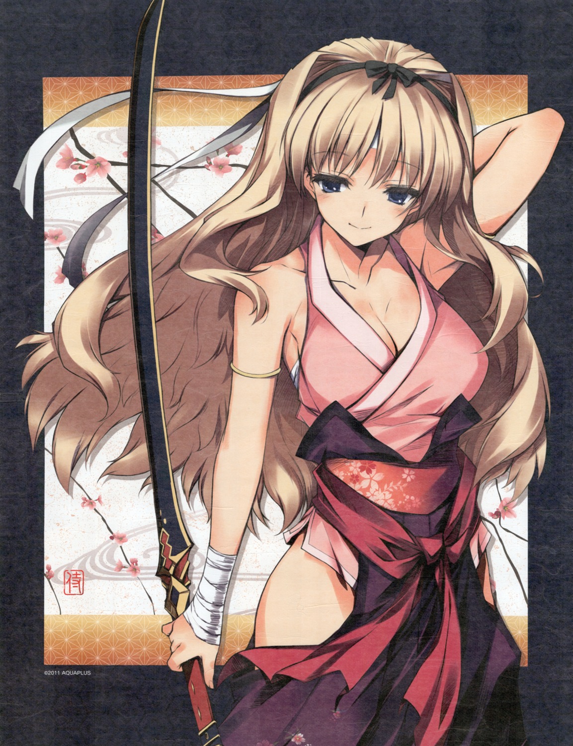aquaplus, bandages, cleavage, japanese_clothes, kawata_hisashi, kusugawa_sasara, paper_texture, sword, to_heart_(series), to_heart_2, to_heart_2_dungeon_travelers