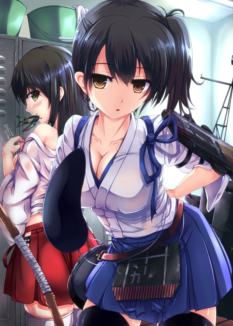 akagi_(kancolle), cleavage, kaga_(kancolle), kantai_collection, tenchou_no_matsumoto, thighhighs, undressing, weapon