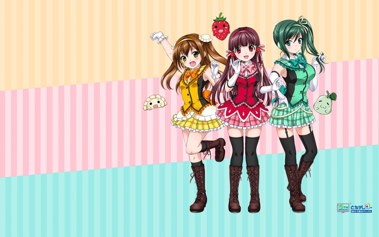 haruzaki_nonoka, itsuki_sayaka, marronni_yell, stockings, thighhighs, tsutsumi_manami, urita_ruri, wallpaper