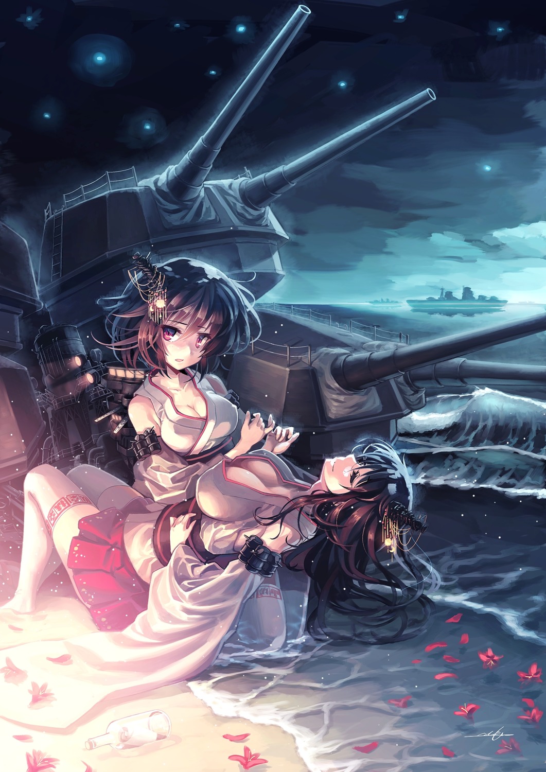 cleavage, fusou_(kancolle), kantai_collection, miko, no_bra, orita_enpitsu, thighhighs, yamashiro_(kancolle)