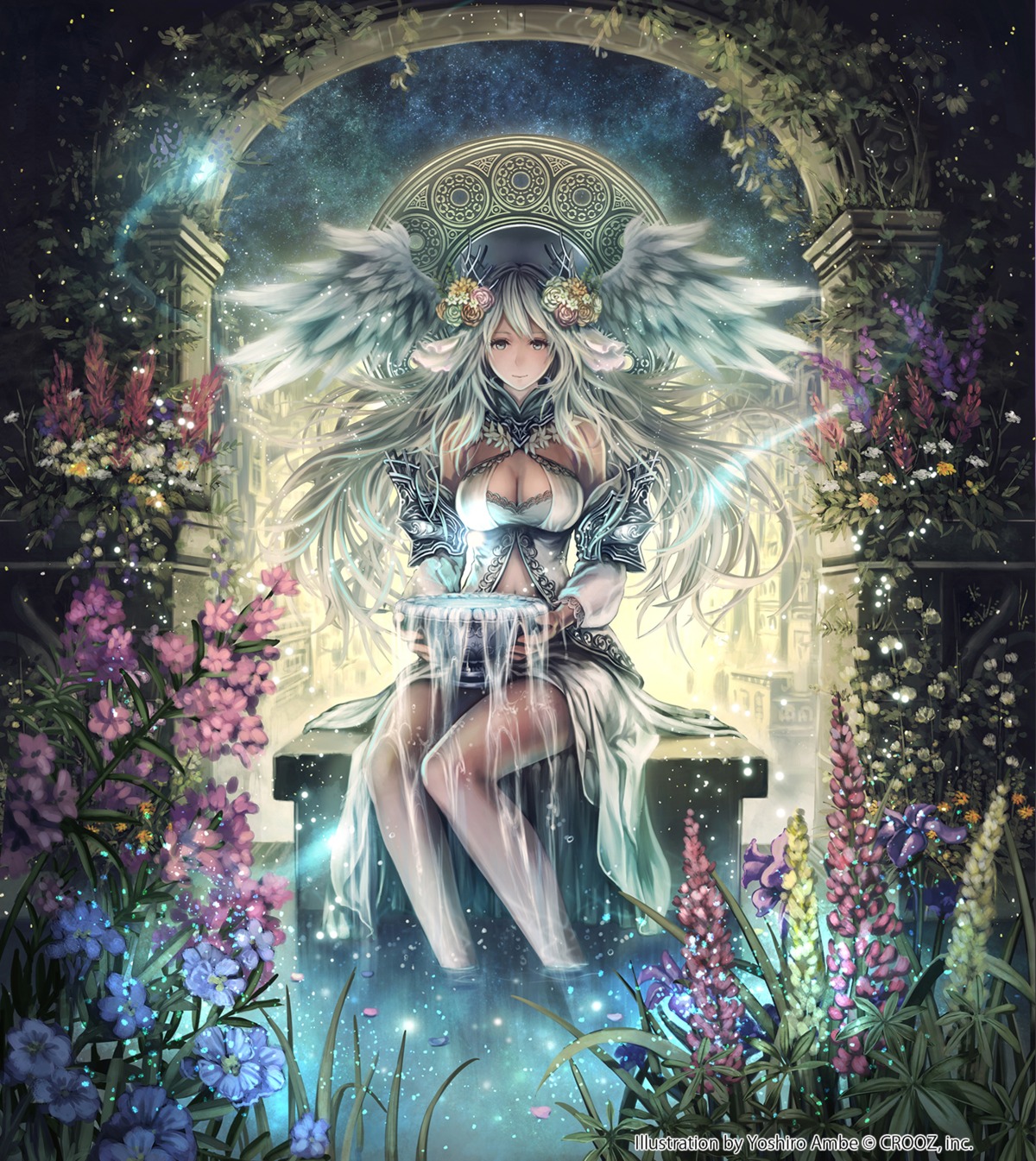 anbe_yoshirou, cleavage, deity_wars, dress, wings