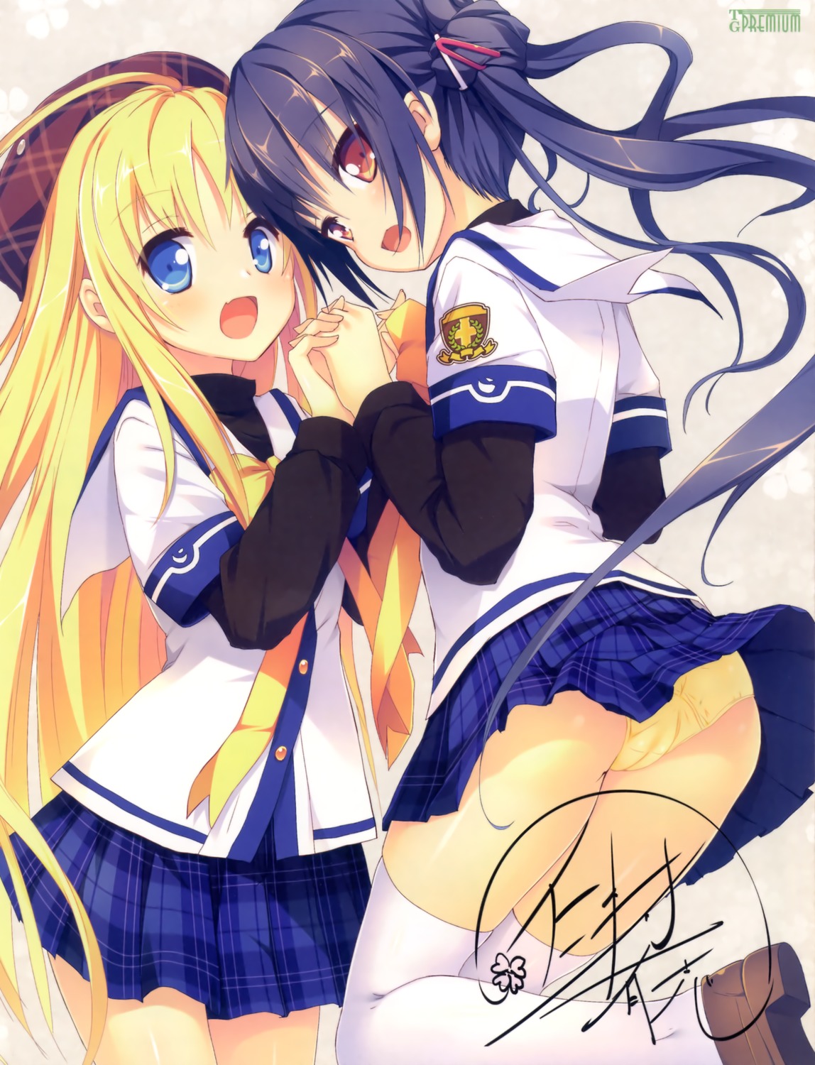 alcot, autographed, clover_day's, nimura_yuuji, pantsu, seifuku, takakura_anri, takakura_anzu, thighhighs