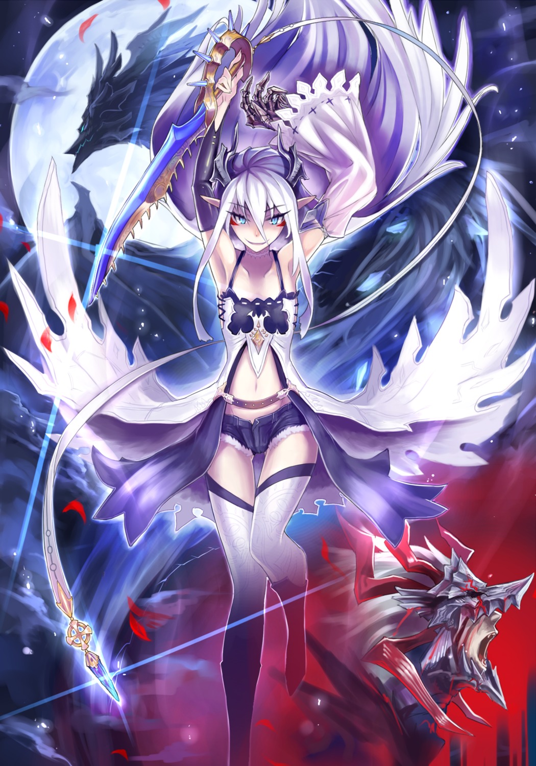 kamiya_tomohiro, pixiv_fantasia, pixiv_fantasia_fallen_kings, pointy_ears, sword, thighhighs