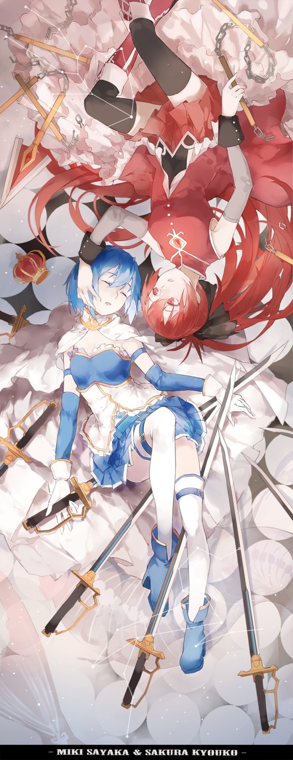 garter, mahou_shoujo_madoka_magica, miki_sayaka, nine, sakura_kyouko, sword, thighhighs, weapon