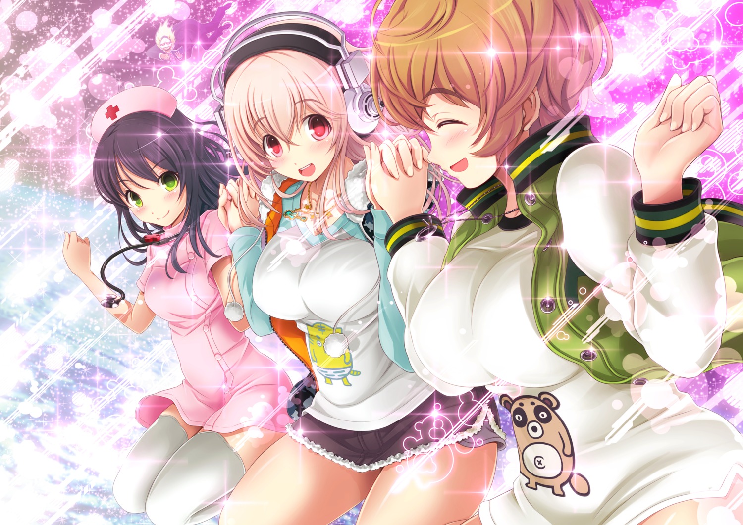 fujimi_suzu, headphones, nurse, sonico, super_sonico, thighhighs, v-mag, watanuki_fuuri