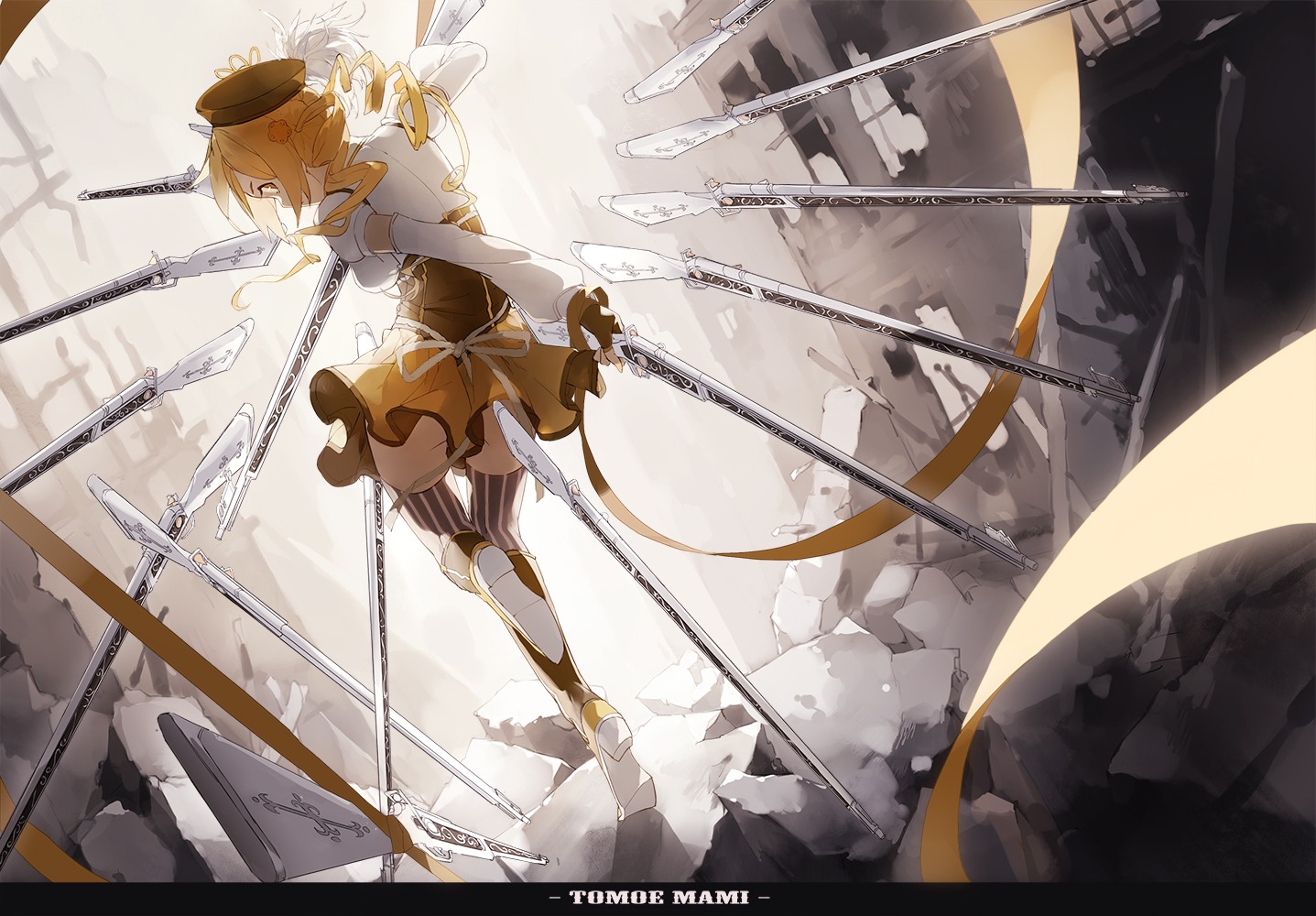 gun, mahou_shoujo_madoka_magica, mahou_shoujo_oriko_magica, nine, thighhighs, tomoe_mami