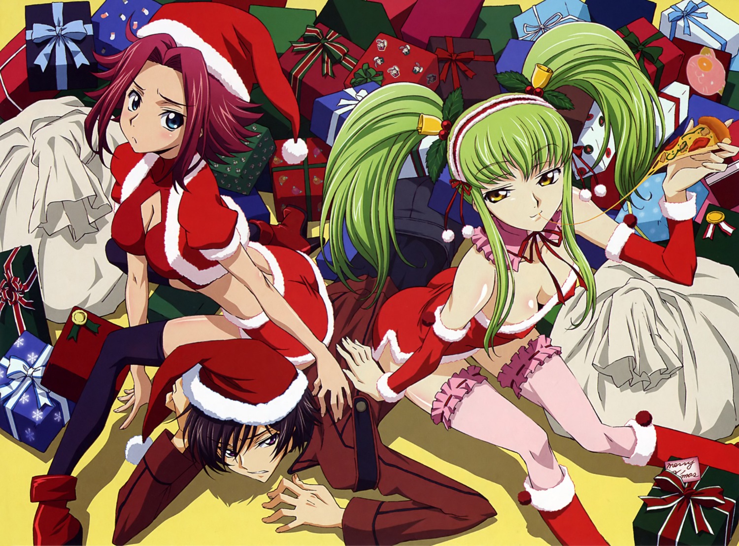 c.c., christmas, cleavage, code_geass, kadekaru_chikashi, kallen_stadtfeld, lelouch_lamperouge, thighhighs