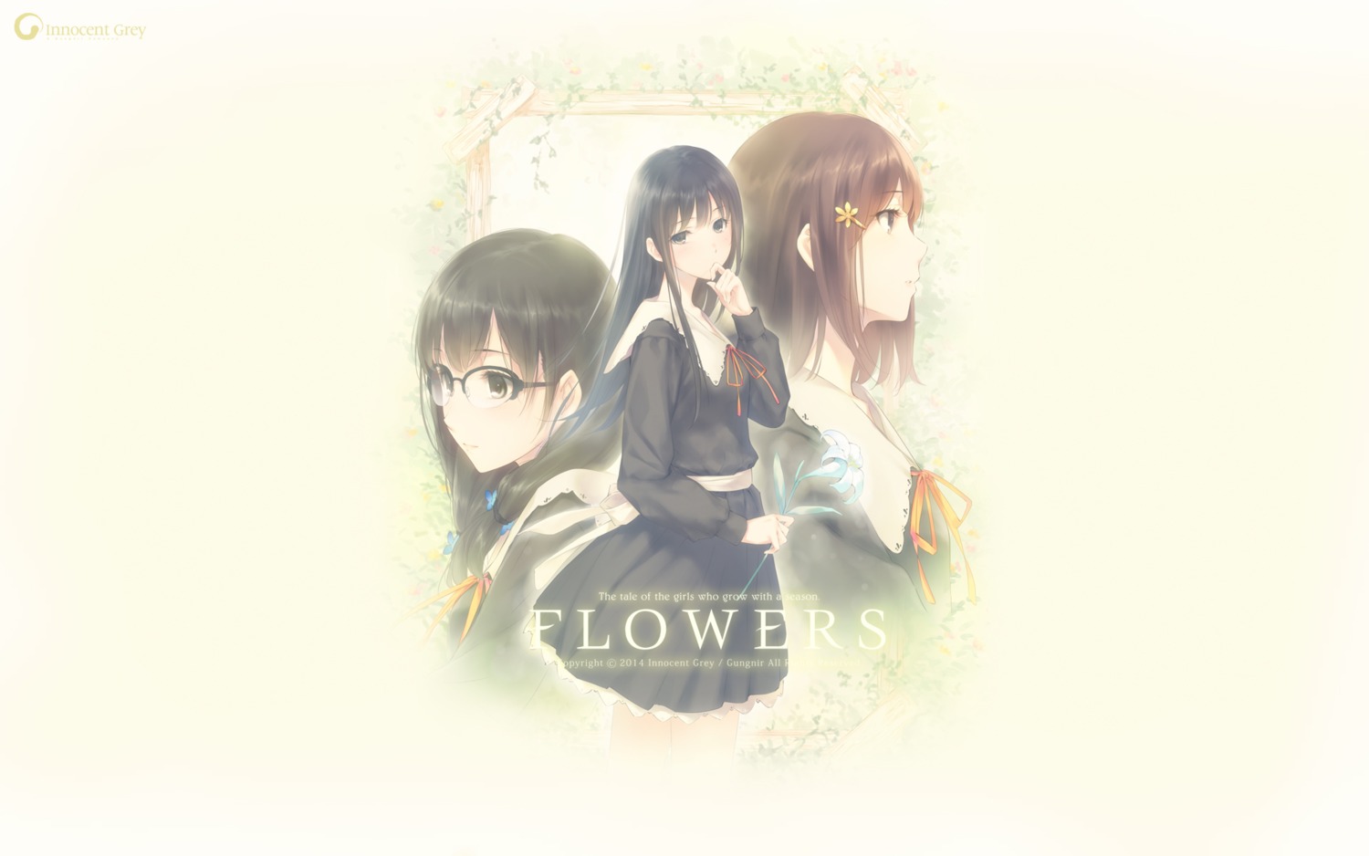 flowers, hanabishi_rikka, innocent_grey, kousaka_mayuri, seifuku, shirahane_suou, sugina_miki, wallpaper