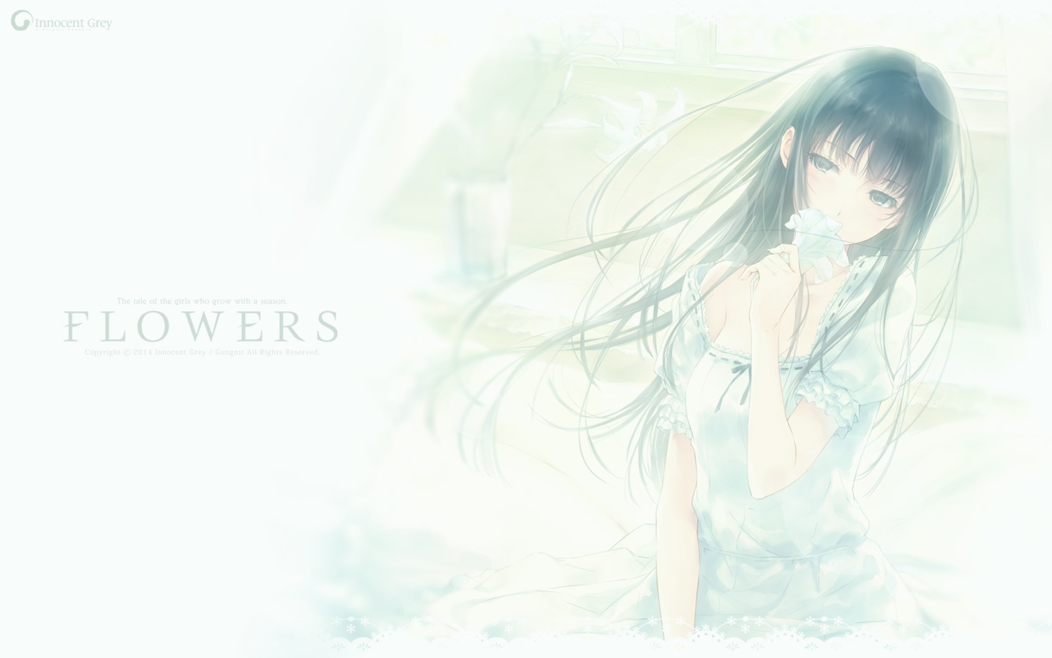 dress, flowers, innocent_grey, shirahane_suou, sugina_miki, wallpaper