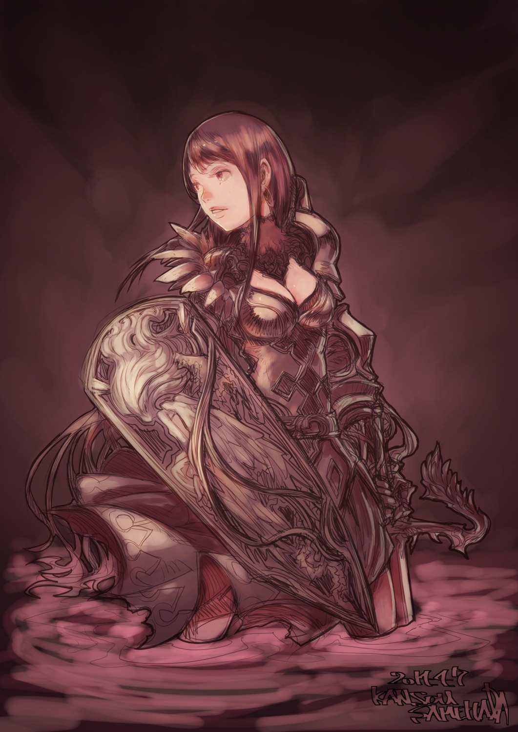 armor, cleavage, kansousamehada, sword