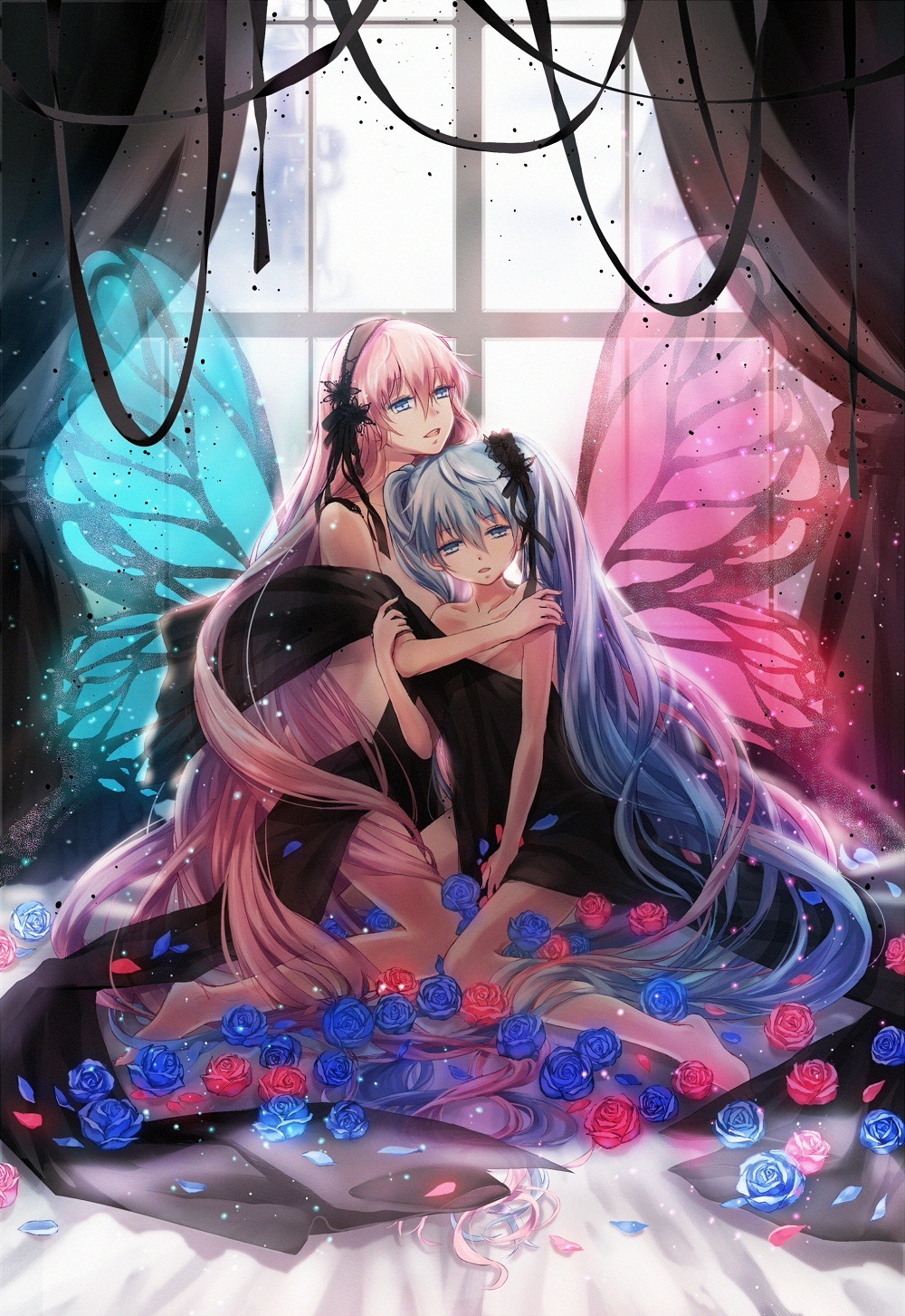 dress, hahahamu, hatsune_miku, magnet_(vocaloid), megurine_luka, vocaloid, wings