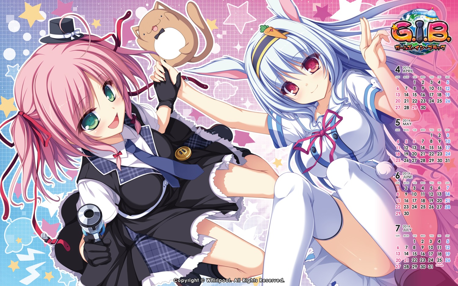 animal_ears, bunny_ears, calendar, chocola_(whirlpool), elise_wallenstein, g.i.b._girls_in_black, gun, kurokawa_yukano, seifuku, tenmaso, thighhighs, uniform, wallpaper, whirlpool