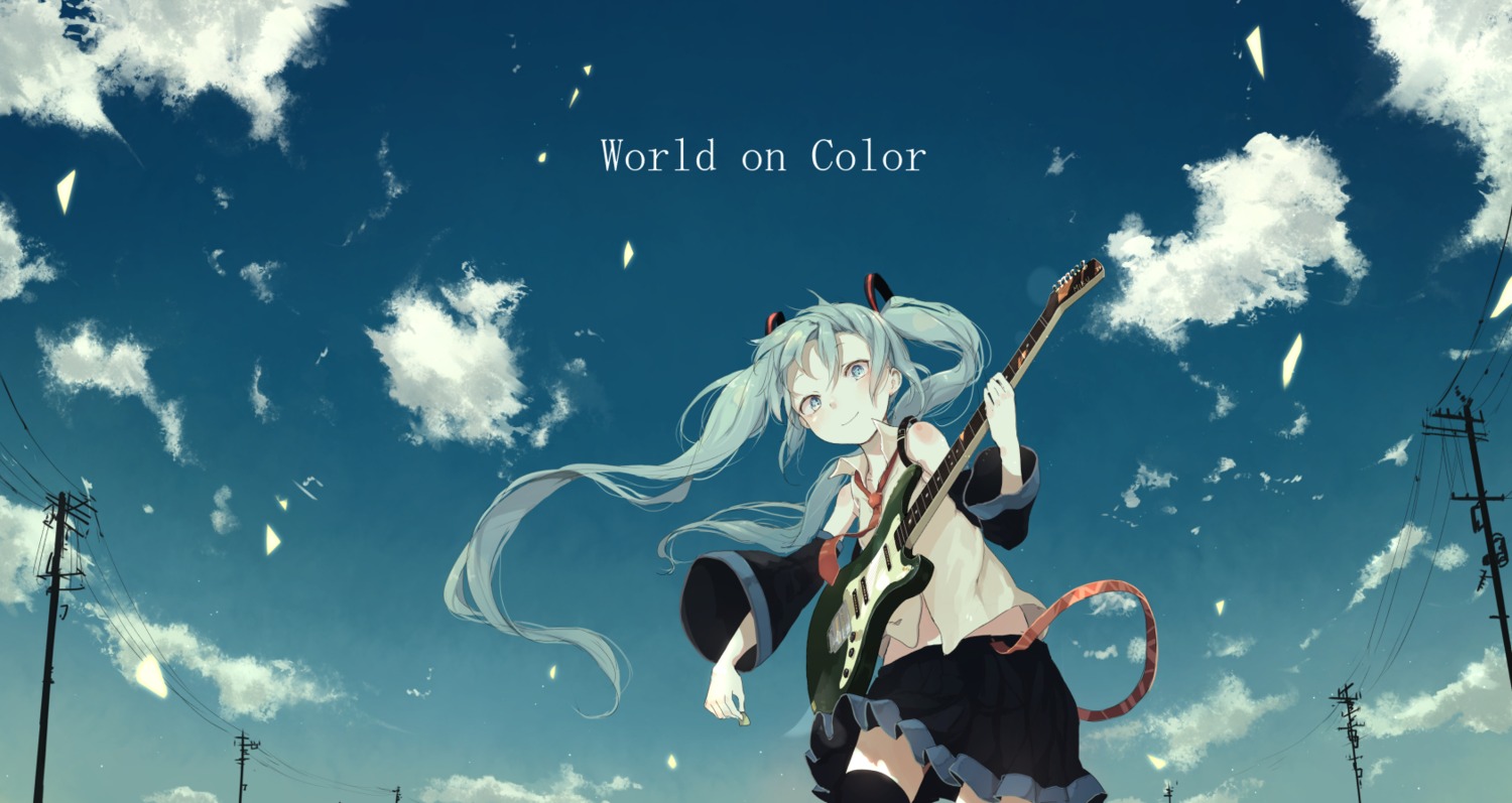 guitar, hatsune_miku, landscape, thighhighs, vocaloid, yuu-rin