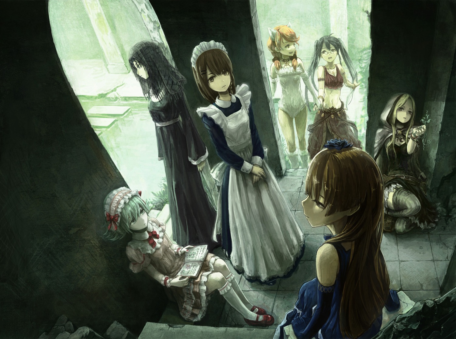animal_ears, dress, lolita_fashion, maid, megane, stockings, thighhighs, toi