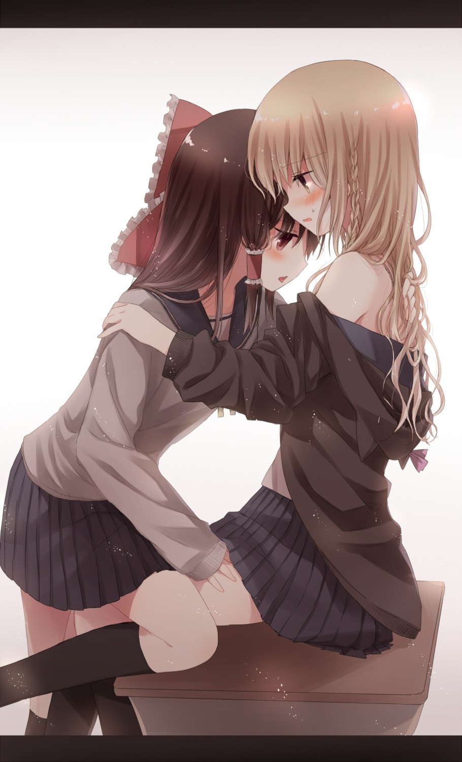 hakurei_reimu, kirisame_marisa, sakuyunomi, seifuku, touhou, yuri
