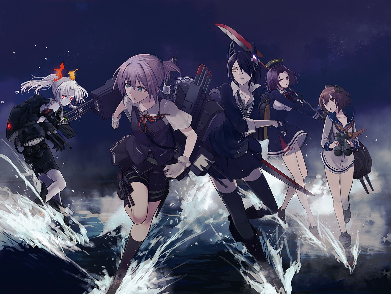 bike_shorts, eyepatch, harano, kantai_collection, seifuku, shiranui_(kancolle), tatsuta_(kancolle), tenryuu_(kancolle), thighhighs, weapon, yukikaze_(kancolle)
