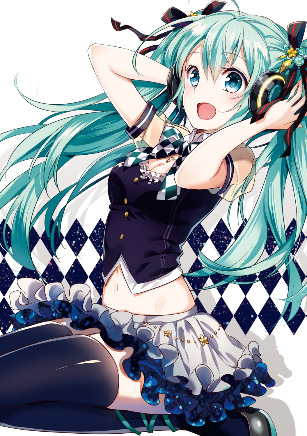 cleavage, hatsune_miku, headphones, thighhighs, vocaloid, yunco