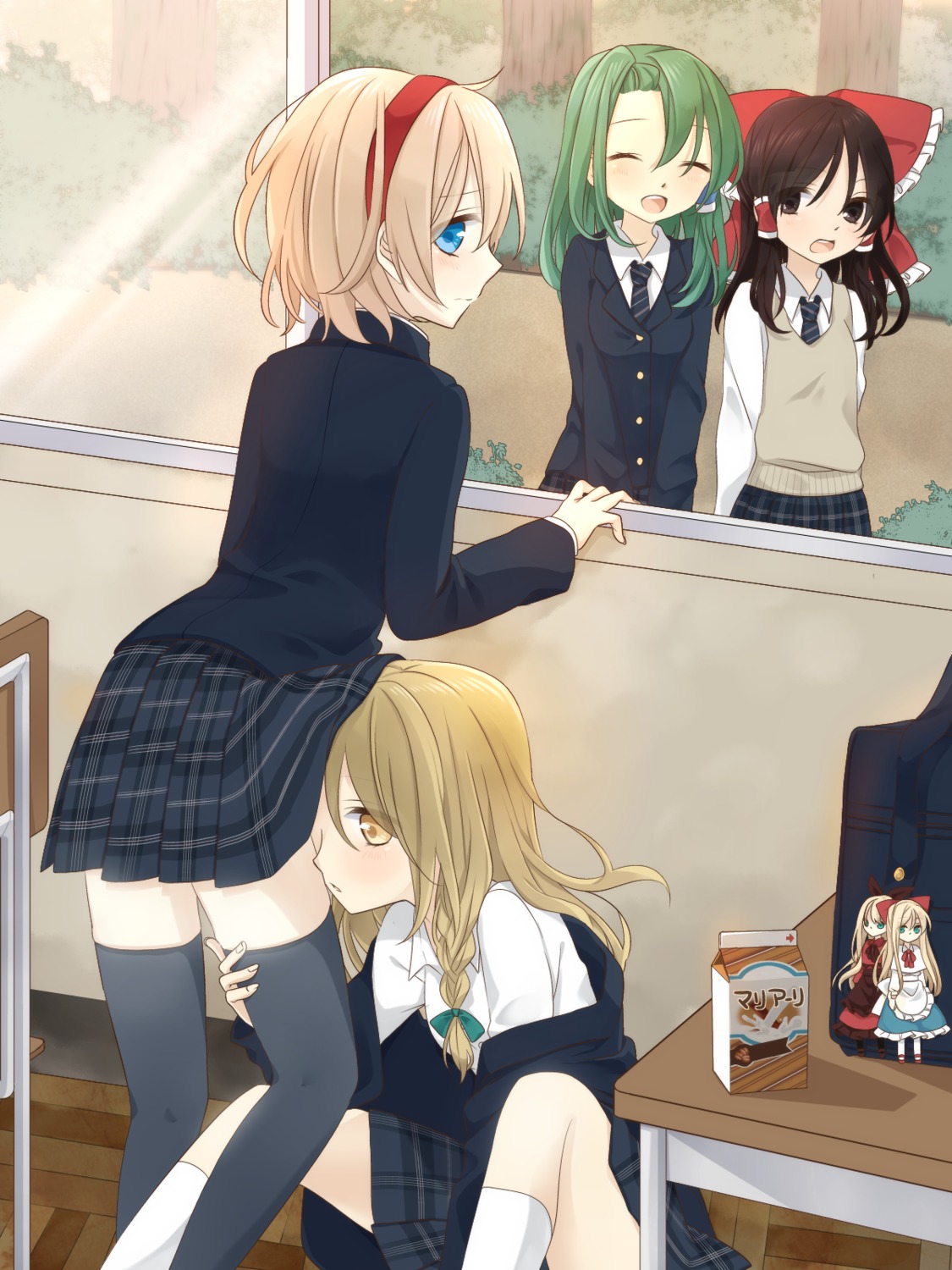 alice_margatroid, hakurei_reimu, kirisame_marisa, kochiya_sanae, seifuku, thighhighs, touhou, tsuno_no_hito, yuri