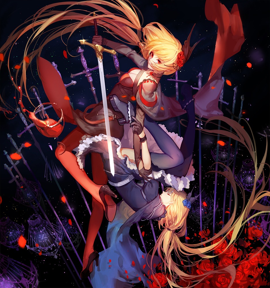 armeechef, asukaziye, cleavage, pantyhose, pixiv_fantasia, pixiv_fantasia_fallen_kings, sword, thighhighs