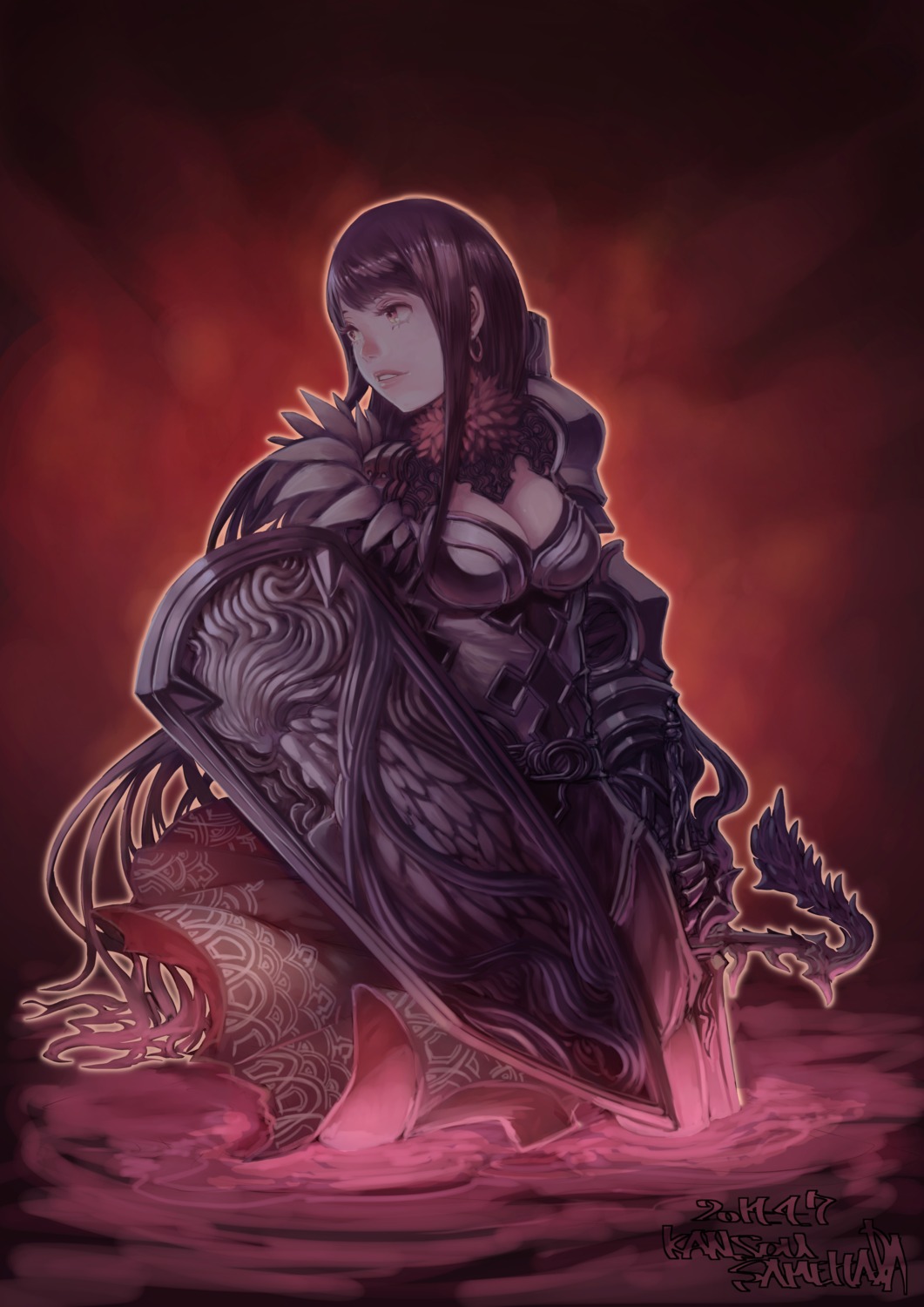 armor, cleavage, kansousamehada, sword
