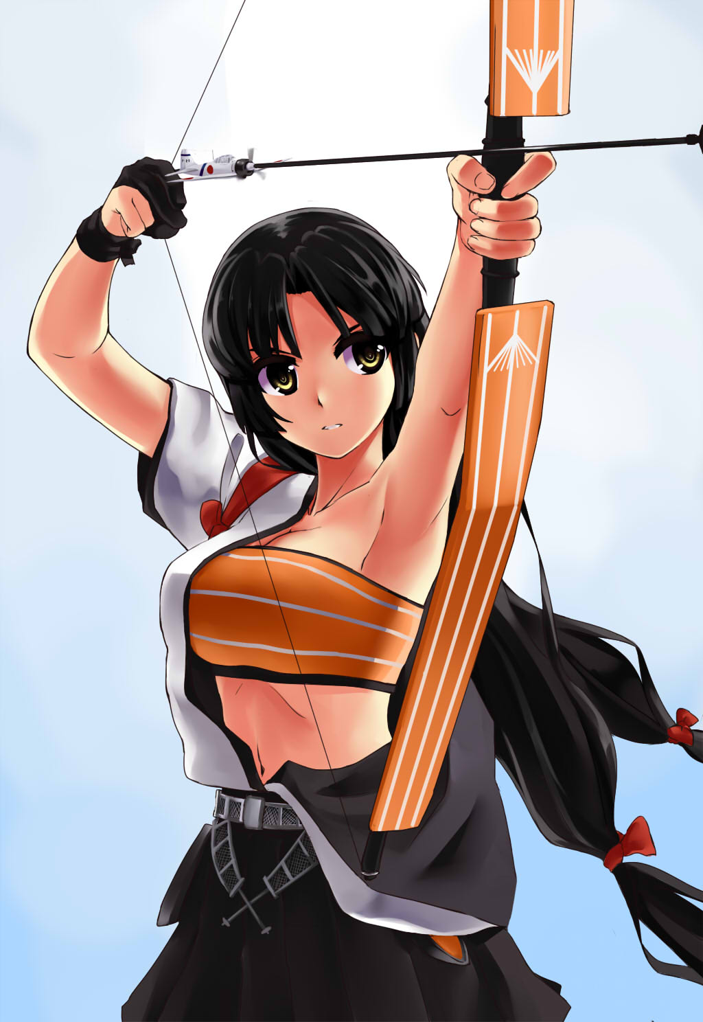 cleavage, japanese_clothes, kantai_collection, mizuki_ame, open_shirt, shouhou_(kancolle), weapon