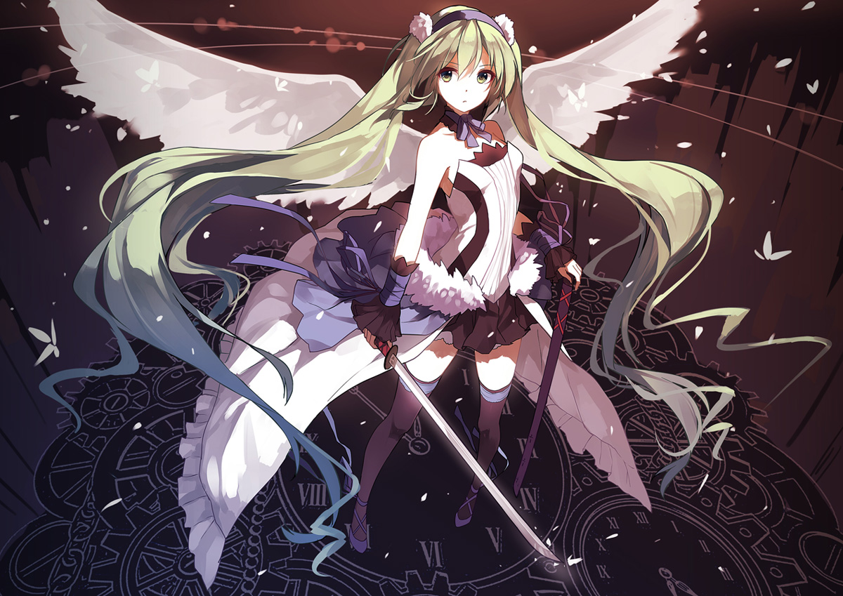 7th_dragon, 7th_dragon_2020, caidychen, dress, hatsune_miku, sword, thighhighs, vocaloid