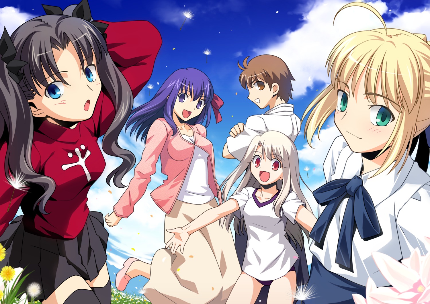 artoria_pendragon_(fate), fate/stay_night, fujimura_taiga, gym_uniform, illyasviel_von_einzbern, matou_sakura, takeuchi_takashi, thighhighs