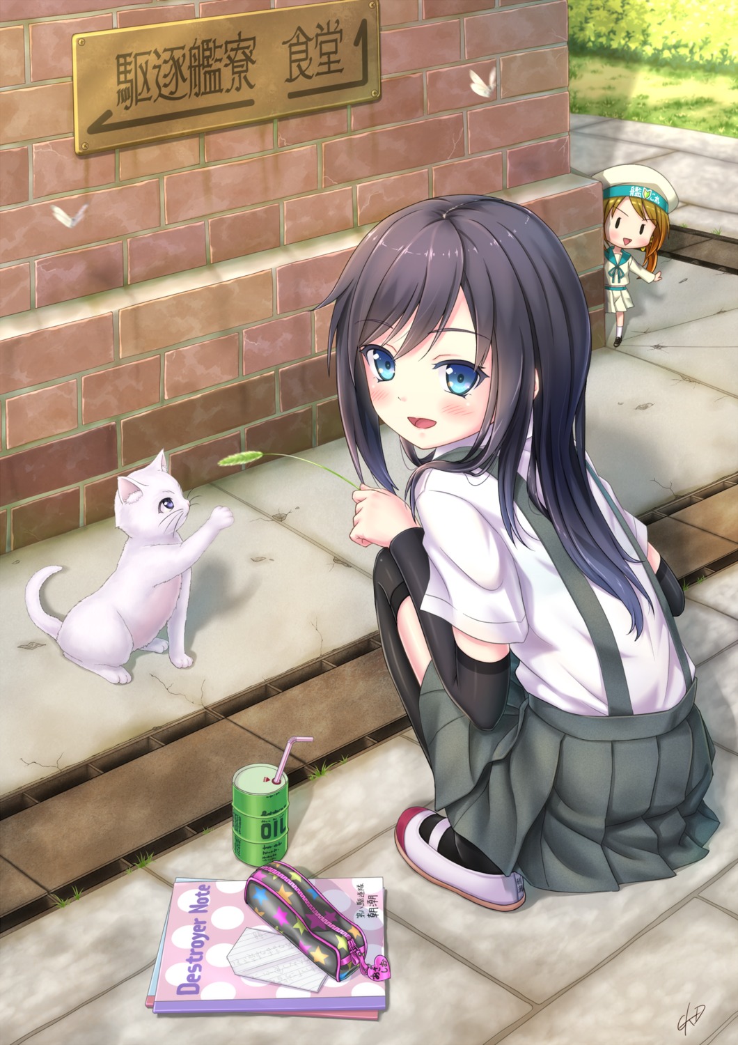 asashio_(kancolle), chibi, gotou_hisashi, kantai_collection, neko, seifuku, thighhighs