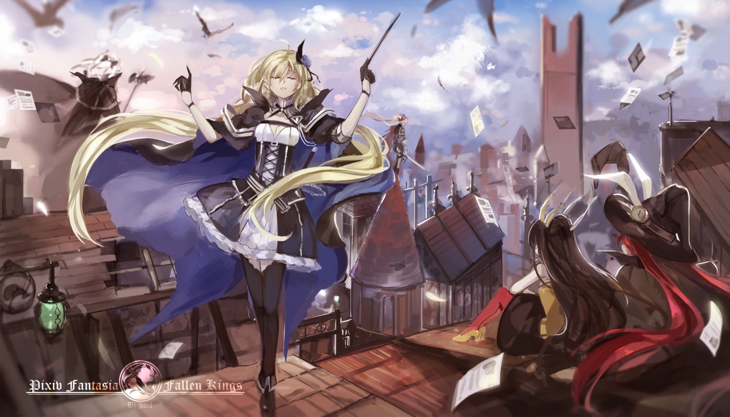 armeechef, dress, horns, landscape, pixiv_fantasia, pixiv_fantasia_fallen_kings, saberiii, weapon