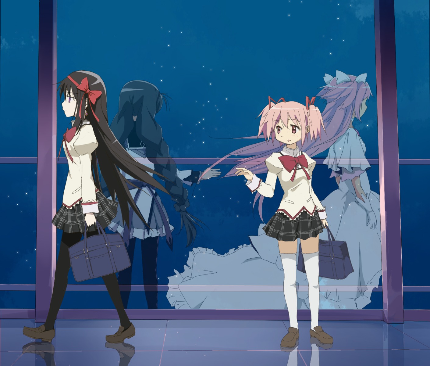 akemi_homura, angilar, kaname_madoka, mahou_shoujo_madoka_magica, pantyhose, seifuku, thighhighs, ultimate_madoka